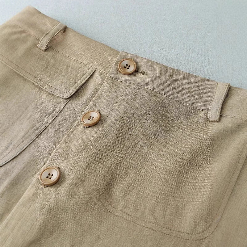 Damen Langer Leinenrock mit Knopfdetails und Taschen R&B
