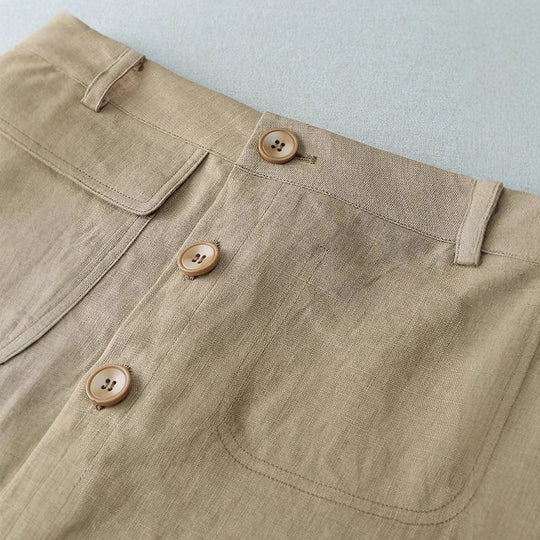 Damen Langer Leinenrock mit Knopfdetails und Taschen R&B