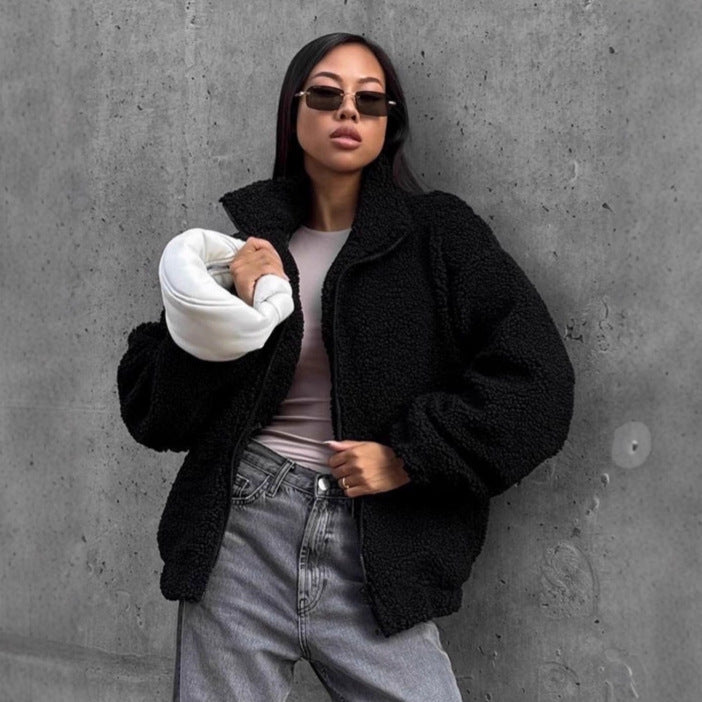 Damen Teddyjacke mit hohem Kragen und voluminösen Ärmeln R&B