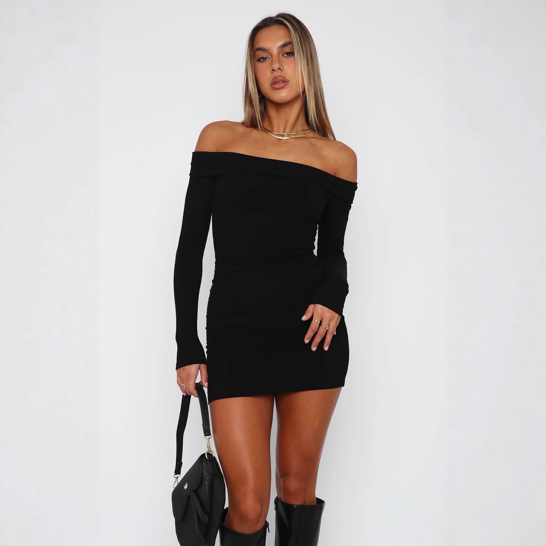Damen Off-Shoulder Minikleid mit langen Ärmeln und taillierter Passform R&B