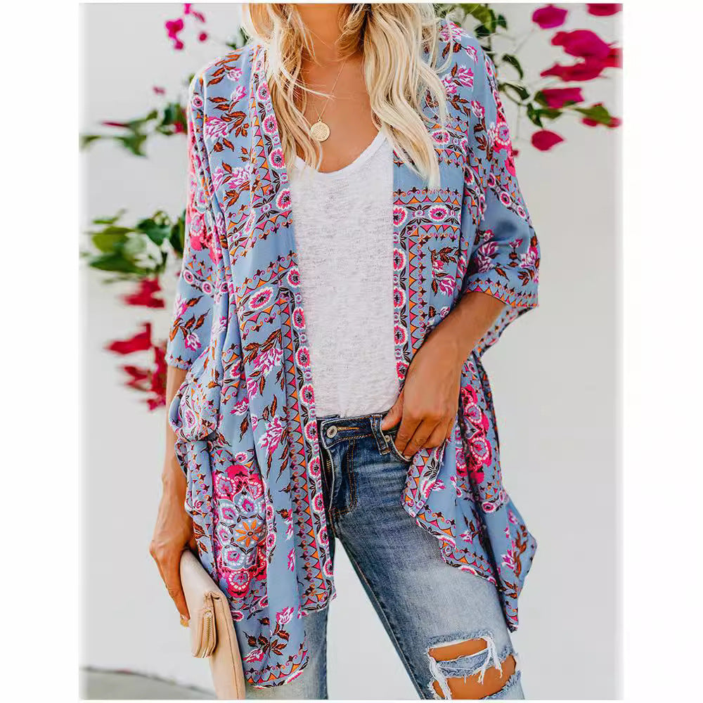 Damen luftiger Kimono mit floralem Muster und weitem Schnitt R&B