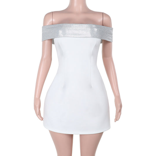 Damen Off-Shoulder Minikleid mit schimmerndem Bustier-Oberteil R&B
