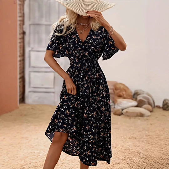 Damen Wickelkleid mit floralem Design und modischem V-Ausschnitt R&B