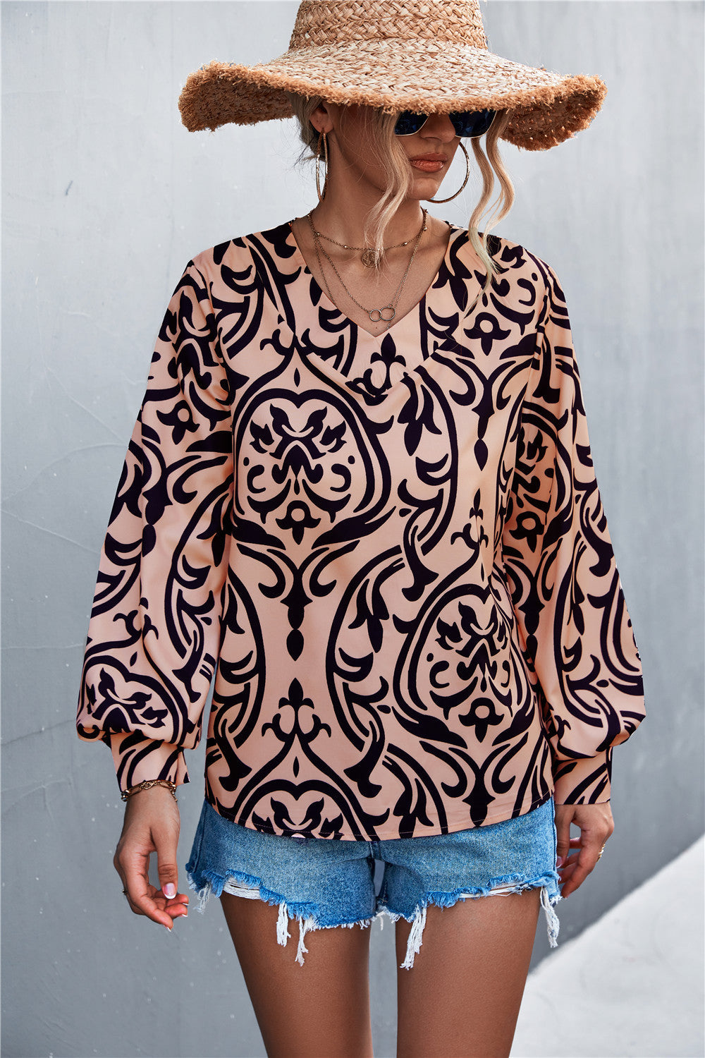 Damen Bluse mit elegantem Barockmuster und lässigen Puffärmeln R&B