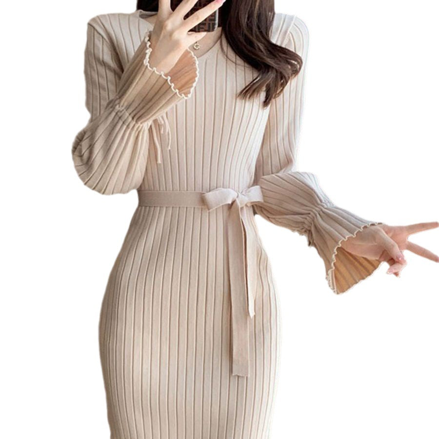 Damen Figurbetontes Maxikleid mit Bindegürtel und Rippstruktur R&B