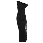 Damen elegantes Off-Shoulder Maxikleid mit hohem Schlitz und figurbetontem Schnitt R&B