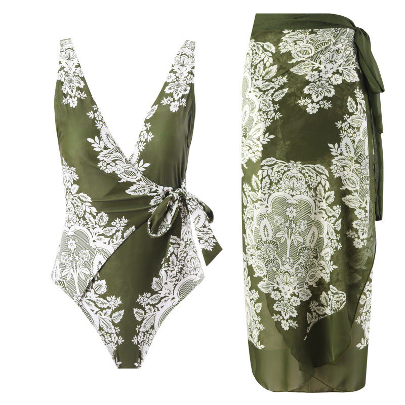 Damen Einteiler Badeanzug mit modischem Wickeldesign und floralem Muster R&B