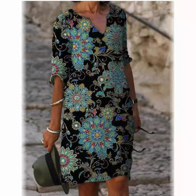 Damen luxuriöses V-Ausschnitt Kleid mit floralem Design und kurzem Ärmel R&B