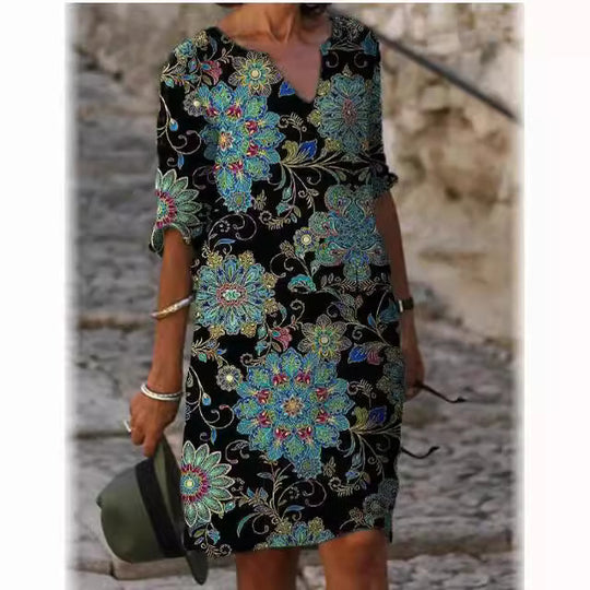 Damen luxuriöses V-Ausschnitt Kleid mit floralem Design und kurzem Ärmel R&B