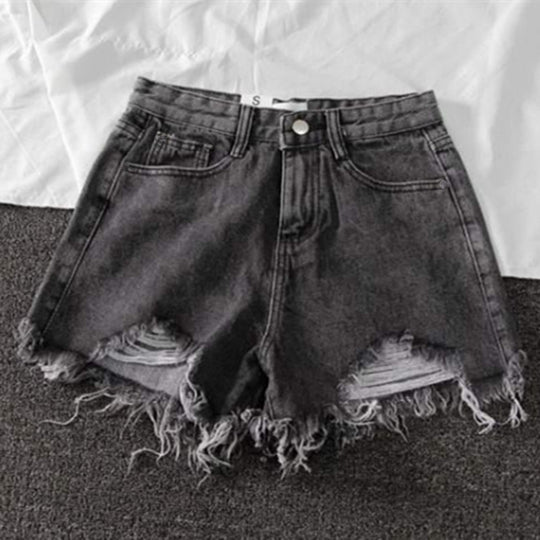 Damen Destroyed Denim Shorts mit hohem Bund und Fransensaum
