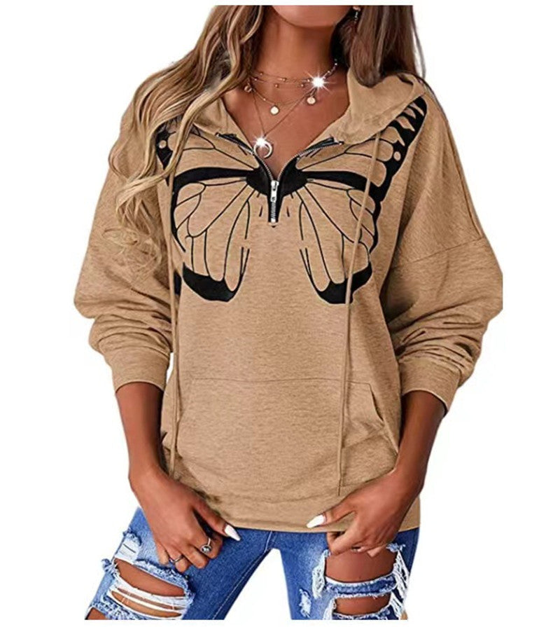 Damen lässiger Kapuzenpullover mit Schmetterlingsdruck und Halber Reißverschluss R&B