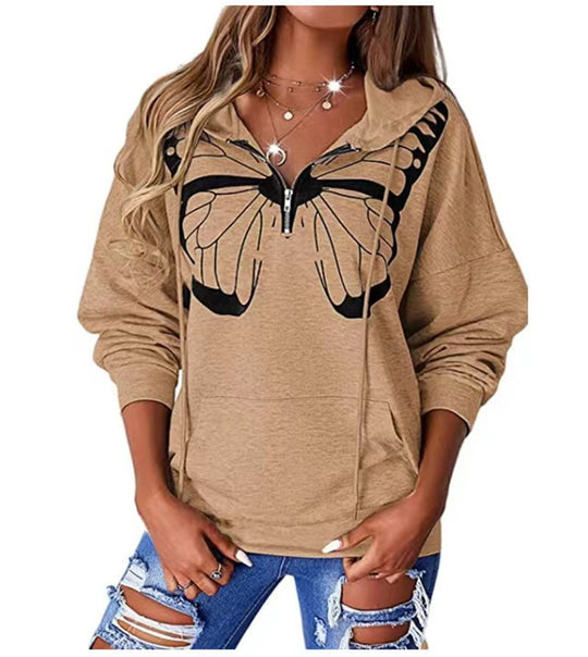 Damen lässiger Kapuzenpullover mit Schmetterlingsdruck und Halber Reißverschluss R&B