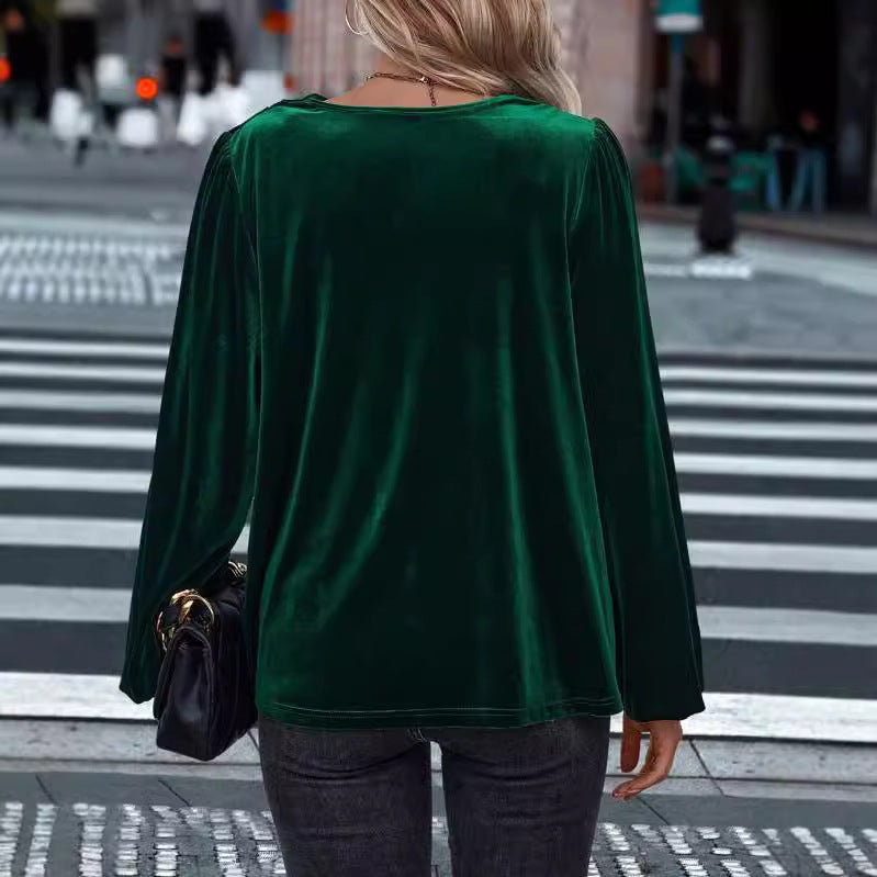 Damen elegante Bluse aus samtigem Material mit Drapé-Ausschnitt R&B