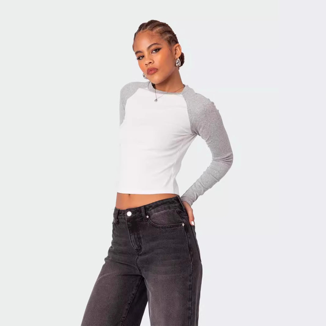 Damen Langarmshirt mit Kontrastärmeln und figurbetontem Schnitt R&B