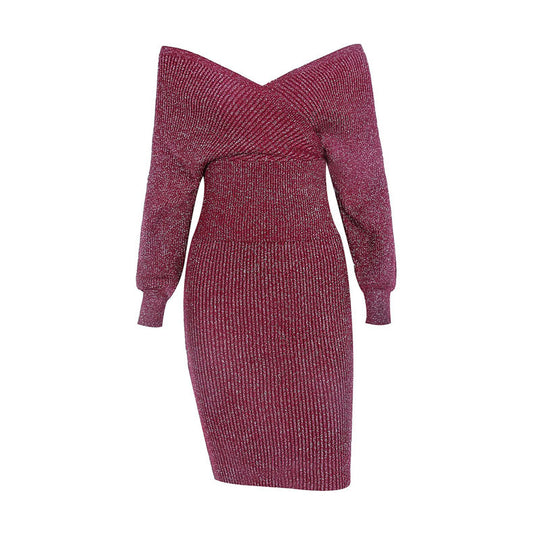 Damen Strickkleid mit tiefem V-Ausschnitt und schulterfreien Ärmeln R&B