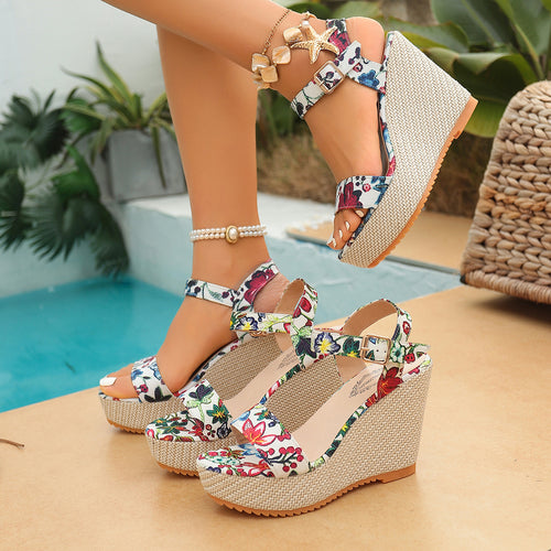 Damen Wedge-Sandalen mit floralem Design und verstellbarem Riemen R&B