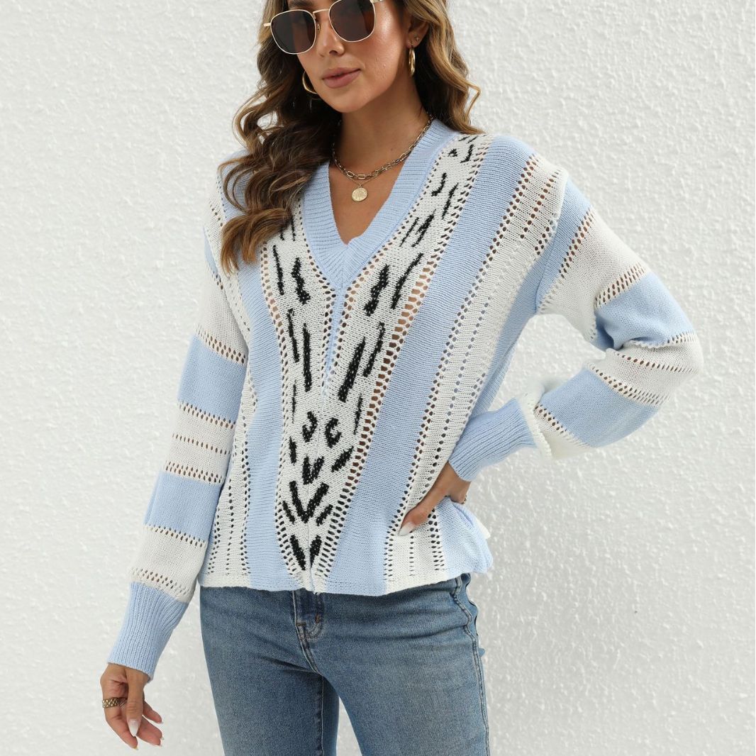 Damen Modischer V-Pullover mit strukturiertem Lochmuster und kontrastierenden Akzenten R&B