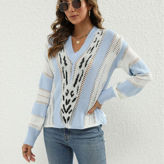 Damen Modischer V-Pullover mit strukturiertem Lochmuster und kontrastierenden Akzenten R&B