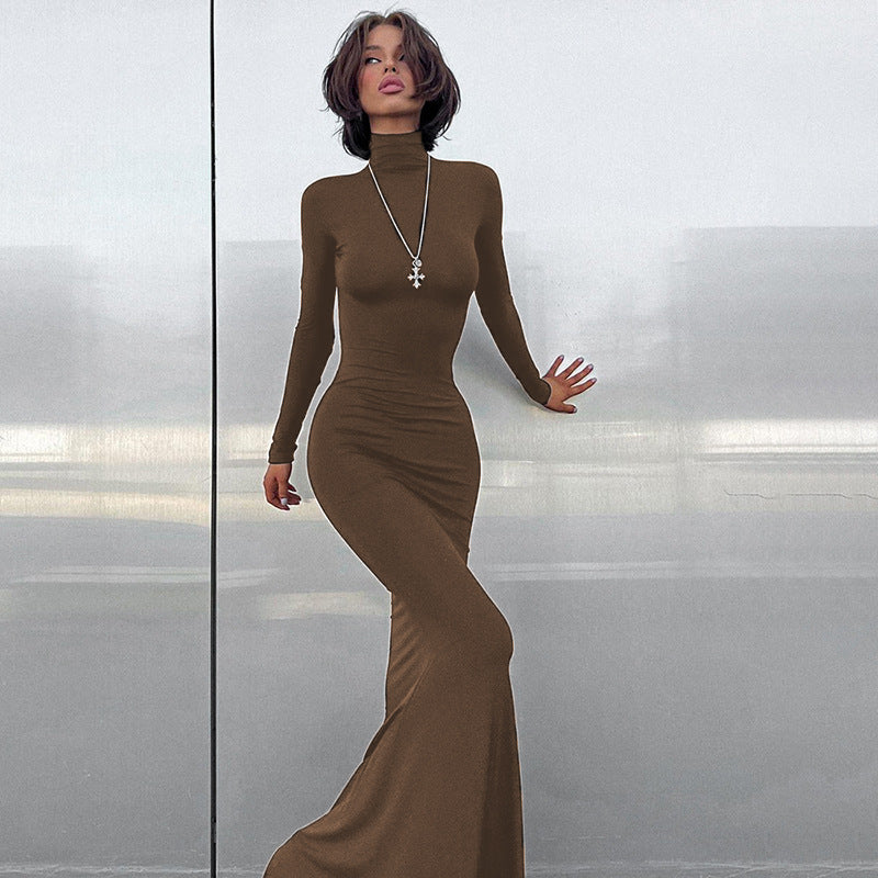 Damen figurbetontes Langarmkleid mit hohem Kragen und elegantem Schnitt R&B