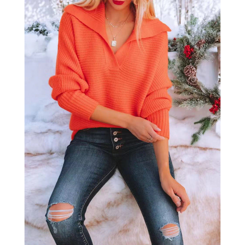 Damen modischer Pullover mit weitem Kragen und Rippstruktur R&B