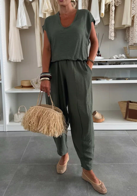 Damen lässiger Jumpsuit mit elastischem Bund und praktischen Taschen R&B