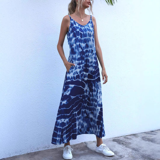 Damen Langes Sommerkleid aus elastischem Jersey mit asymmetrischem Schnitt und praktischen Taschen R&B