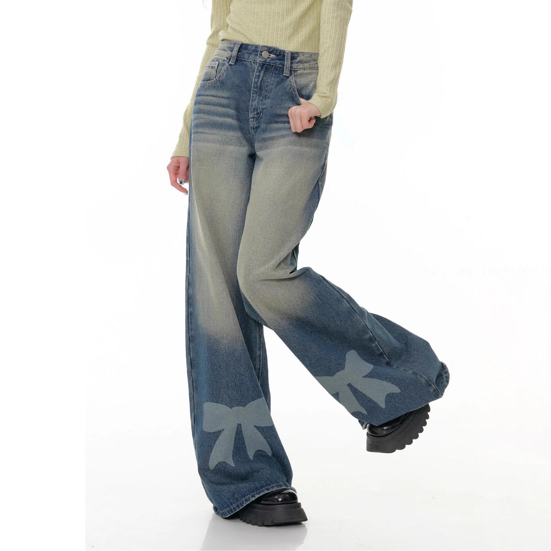 Damen Weite Jeans mit dekorativen Schleifendetails