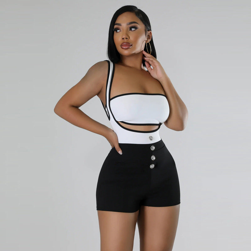 Damen Ärmelloser Jumpsuit mit dekorativen Knopfdetails R&B