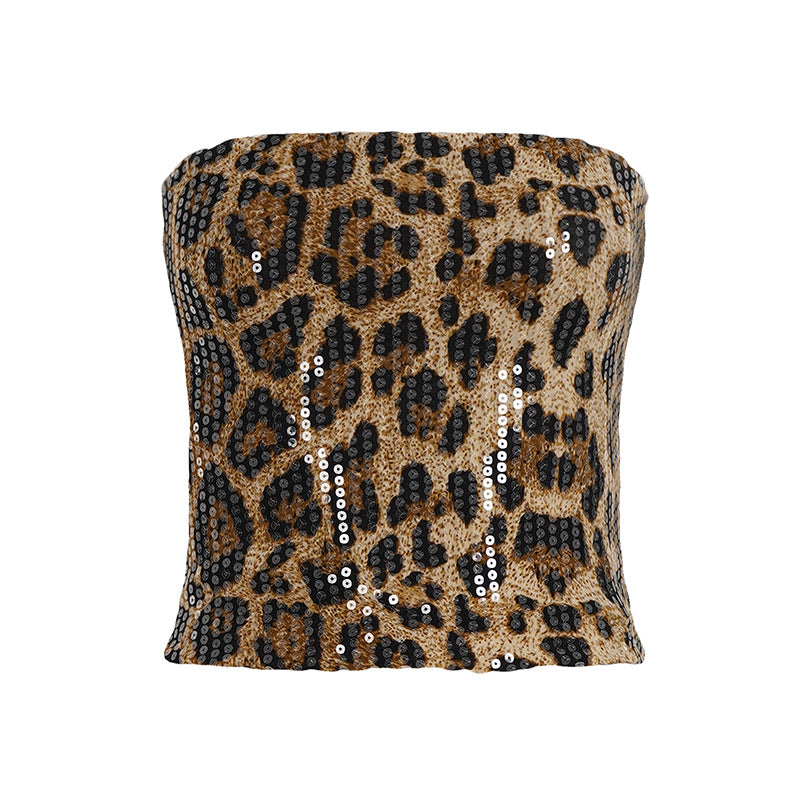 Damen Glamouröses Leopardenmuster Oberteil mit Pailletten R&B