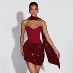 Damen Mini-Kleid mit schimmerndem Oberteil und figurbetontem Design R&B