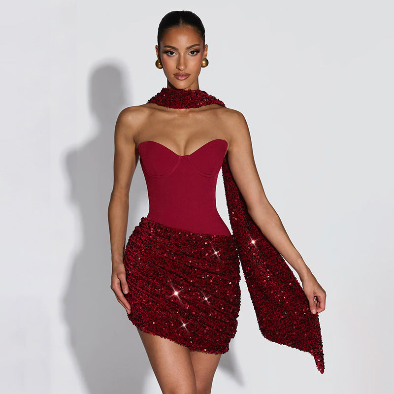 Damen Mini-Kleid mit schimmerndem Oberteil und figurbetontem Design R&B