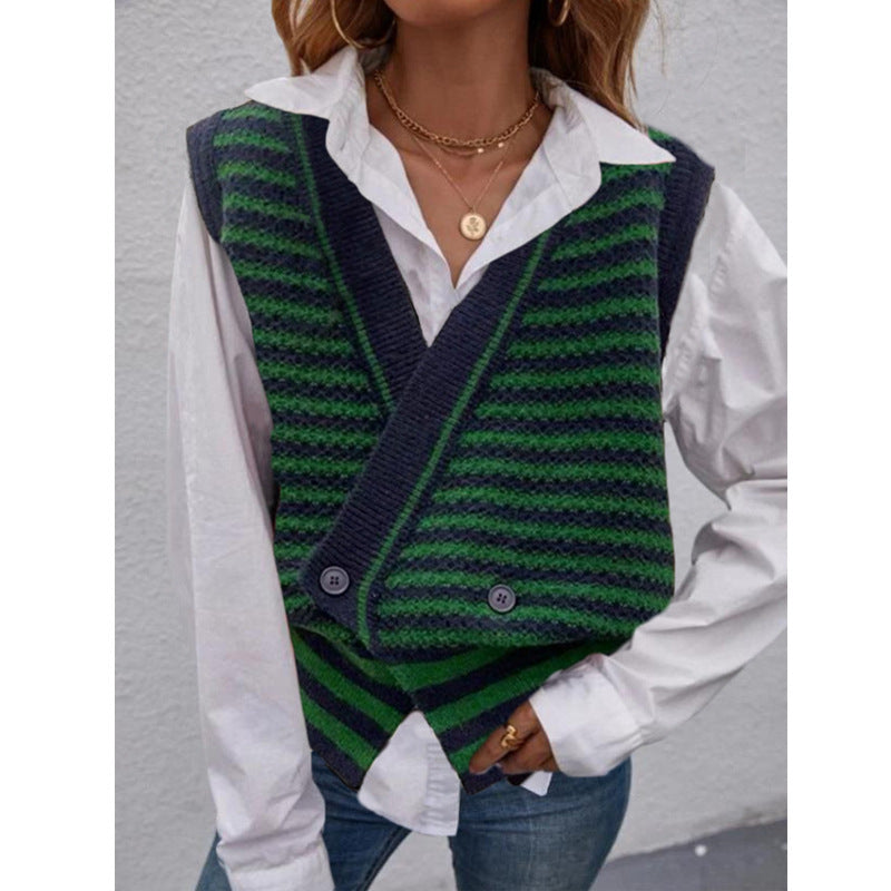 Damen Strickweste mit modischem Streifenmuster und doppeltem Knopfverschluss R&B