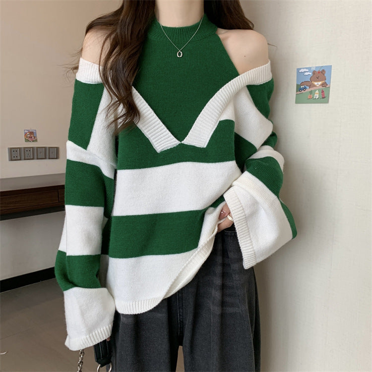 Damen V-Ausschnitt Oversized-Pullover mit modischem Streifenmuster und offenem Schulterdesign R&B