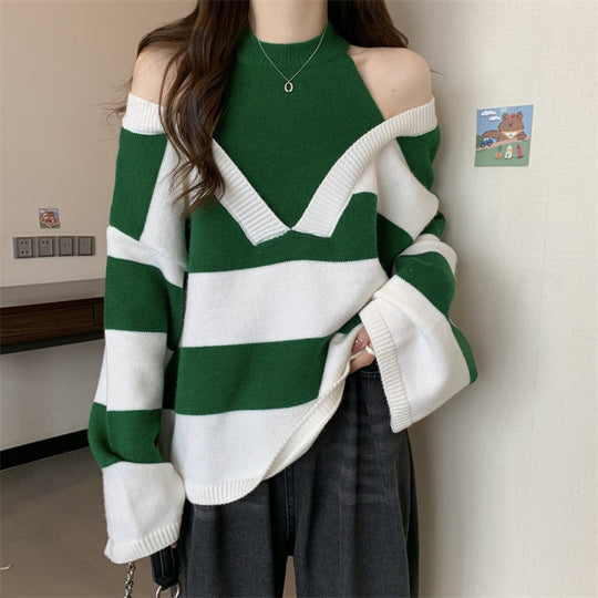 Damen V-Ausschnitt Oversized-Pullover mit modischem Streifenmuster und offenem Schulterdesign R&B