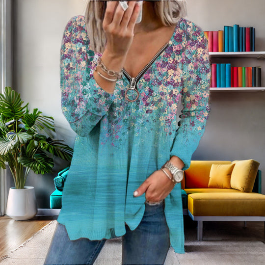 Damen Langarmshirt mit farbenfrohem Blütenmuster und modernem Zipper R&B