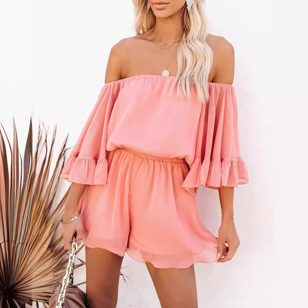 Damen Off-Shoulder Jumpsuit mit voluminösen Rüschensleeves R&B