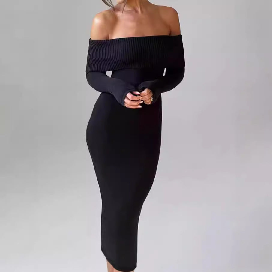 Damen Figurbetontes Off-Shoulder Maxikleid mit langen Ärmeln R&B
