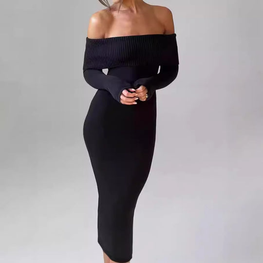Damen Figurbetontes Off-Shoulder Maxikleid mit langen Ärmeln R&B