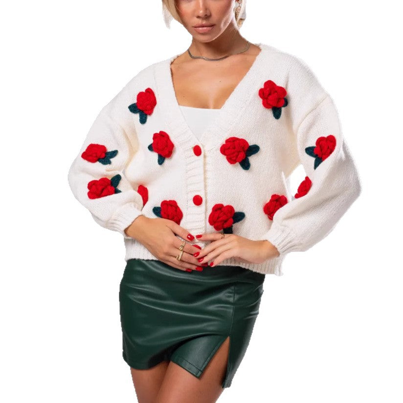 Damen Kuscheliger Strickcardigan mit floralen Applikationen und oversized Schnitt R&B