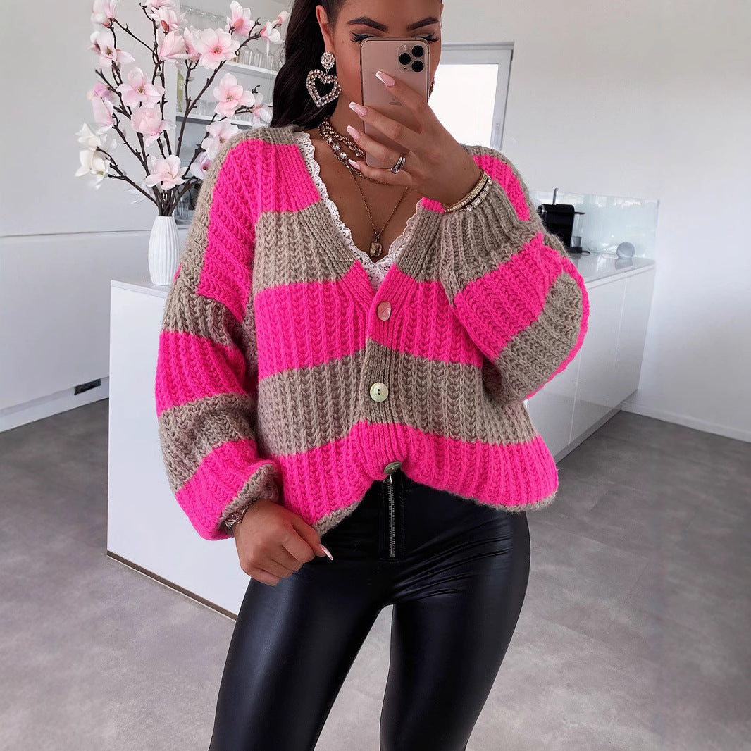 Damen Strickjacke mit tiefem V-Ausschnitt und angeschnittenen Ärmeln R&B