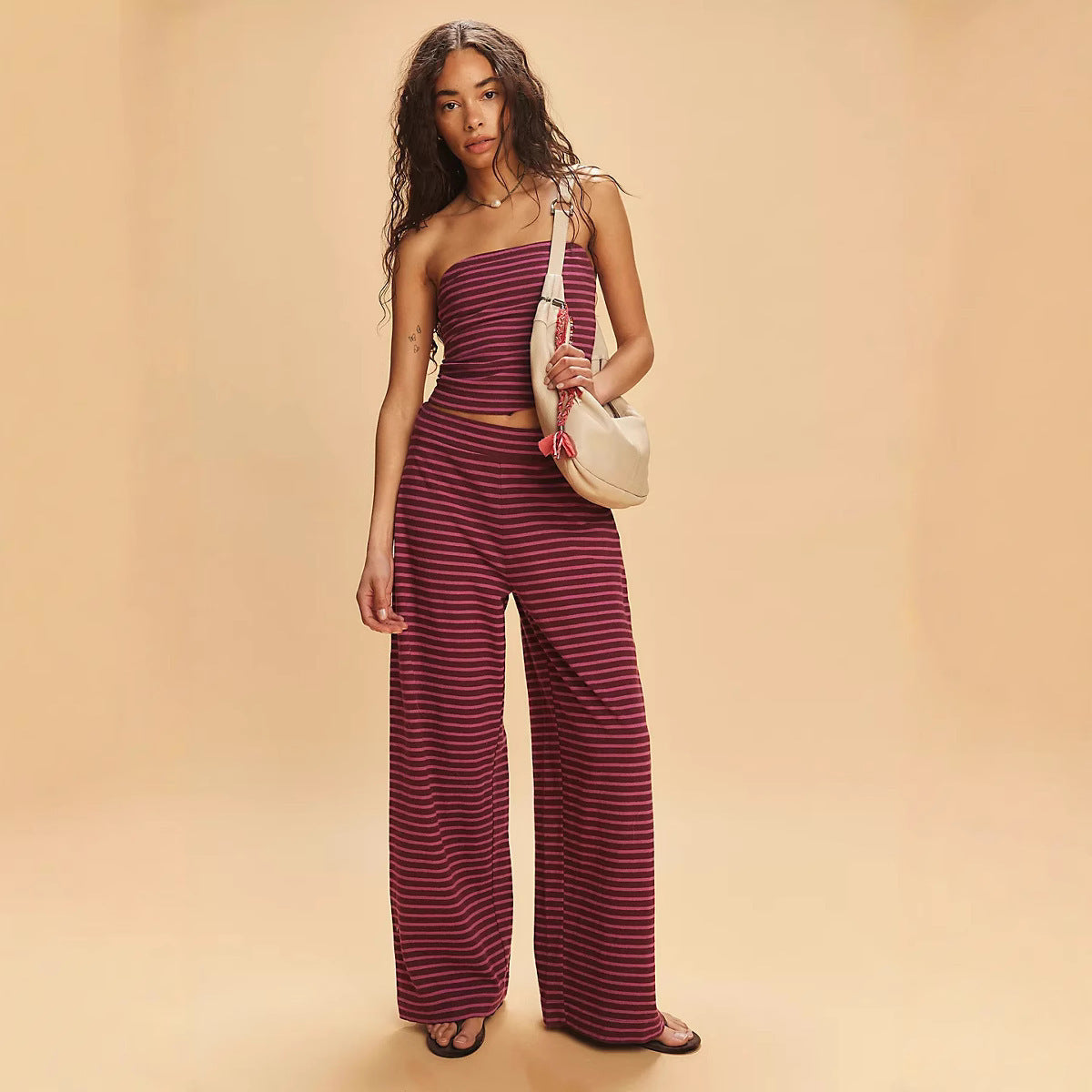Damen lässiges Loungewear-Set mit geripptem Oberteil und weiten Hosen R&B