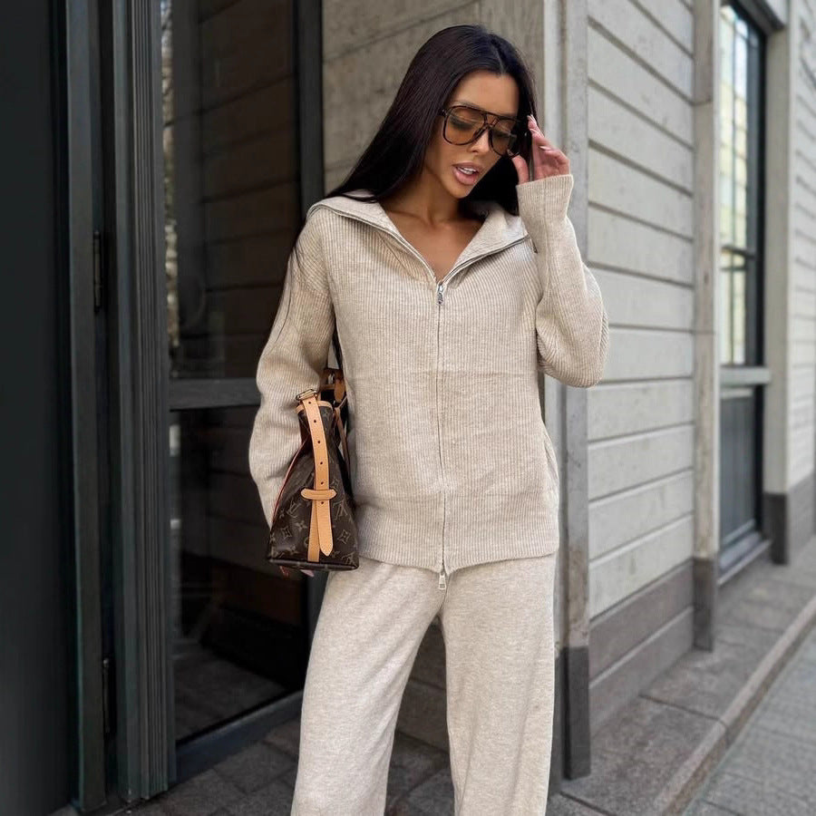 Damen kuscheliger Zip-Pullover mit weitem Kragen und Rippstruktur R&B
