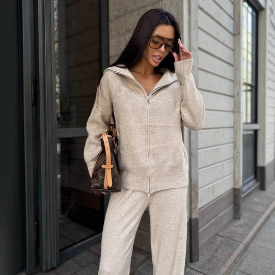 Damen kuscheliger Zip-Pullover mit weitem Kragen und Rippstruktur R&B
