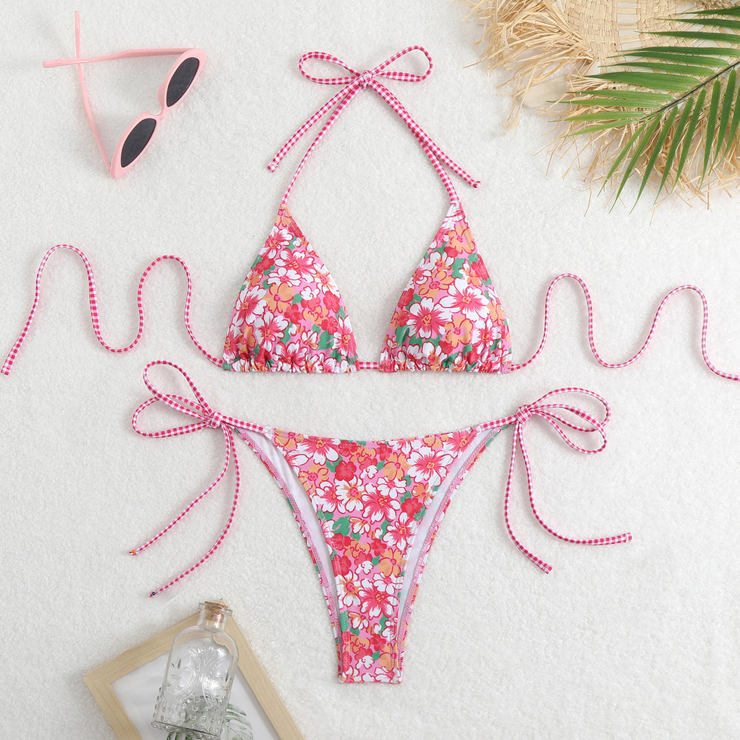 Damen Triangel-Bikini-Set mit verspieltem Blumenmuster und feinen Bindebändern R&B