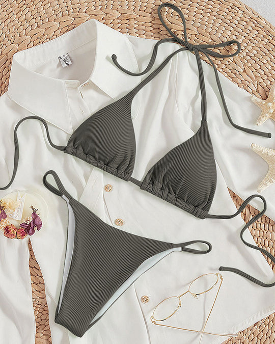 Damen Triangel-Bikini mit feinem Rippstruktur und verspielten Bindebändern R&B