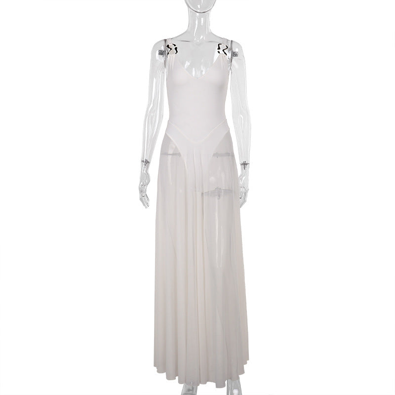 Damen Stilvolles Maxikleid mit transparentem Rock und elegantem V-Ausschnitt R&B