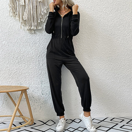 Damen lässiger Jumpsuit mit praktischem Reißverschluss und elastischem Taillenband R&B