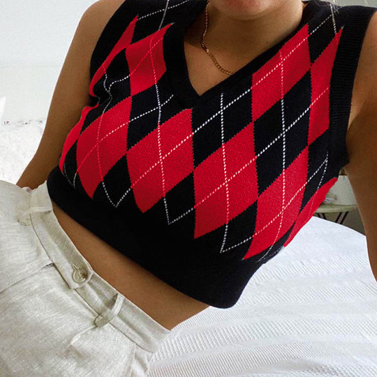 Damen cropped Stricktop mit modernem Rautenmuster R&B