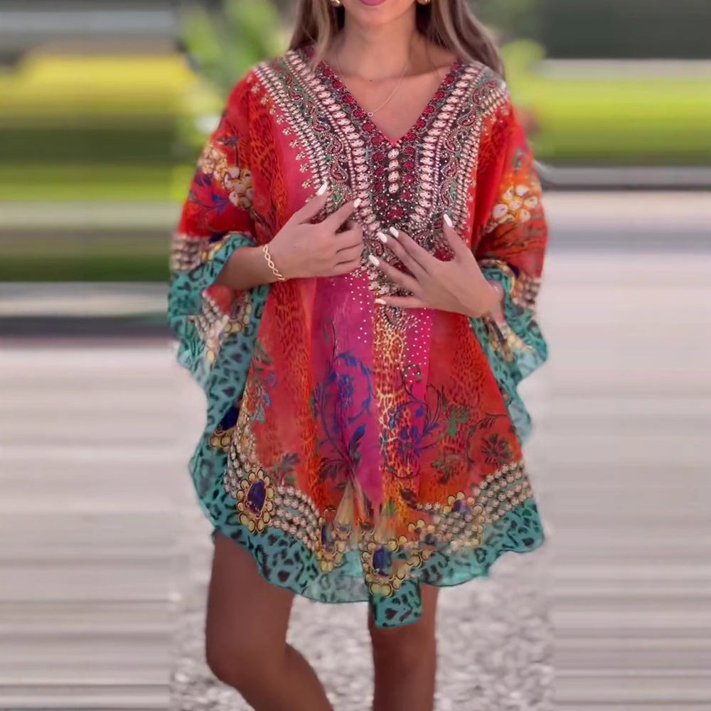 Damen Strandkleid Im Farbenfrohen Boho-Stil mit Verspieltem Design und Tiefem V-Ausschnitt R&B
