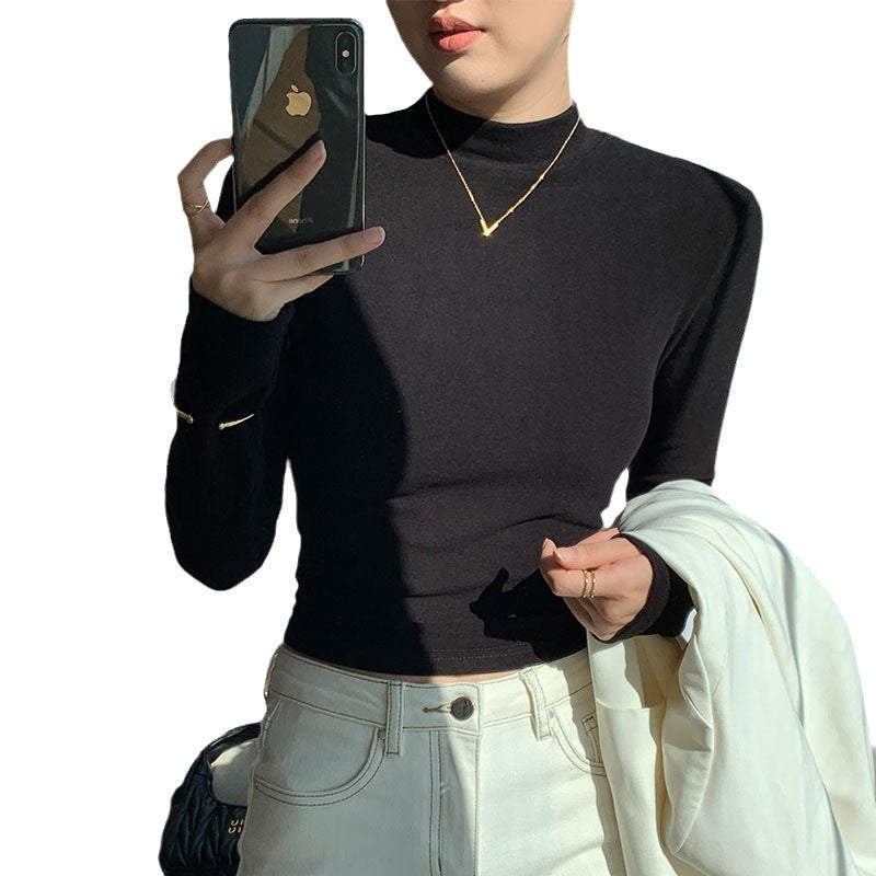 Damen Langarm Crop-Top mit hohem Kragen und figurbetontem Schnitt